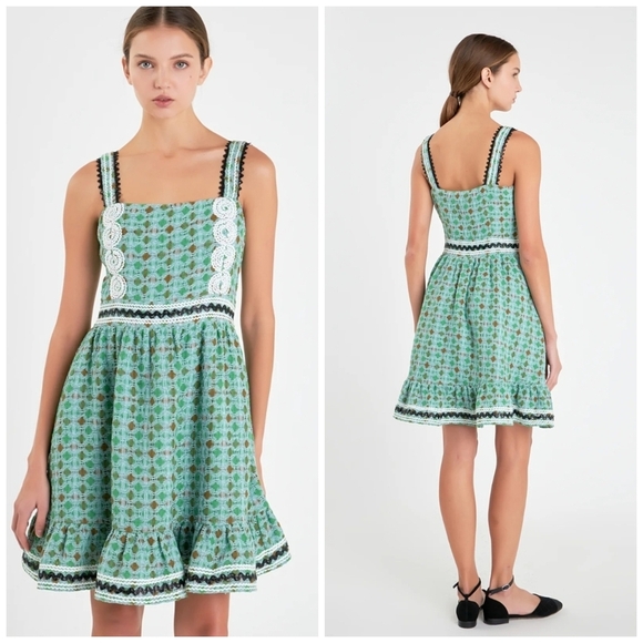 🔹️ English Factory🔹️ Boucle Square Neck Mini Mint Dress With Ric Rac Trim 💚 - Picture 1 of 7